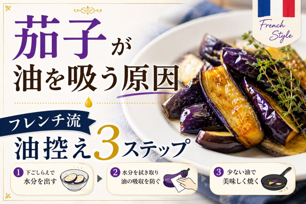 フライパンで香ばしく焼かれたなす（油を吸わせないフレンチ流の下処理）