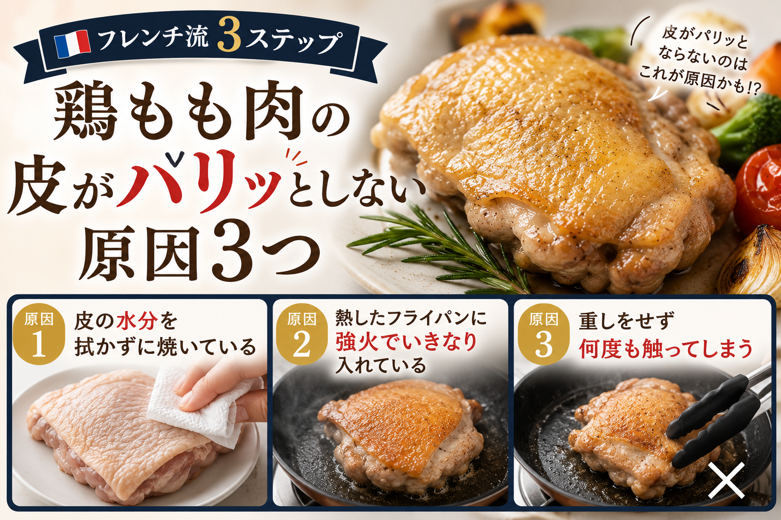 皮目をパリッと焼いた鶏もも肉のポワレ(フレンチ流の焼き方)